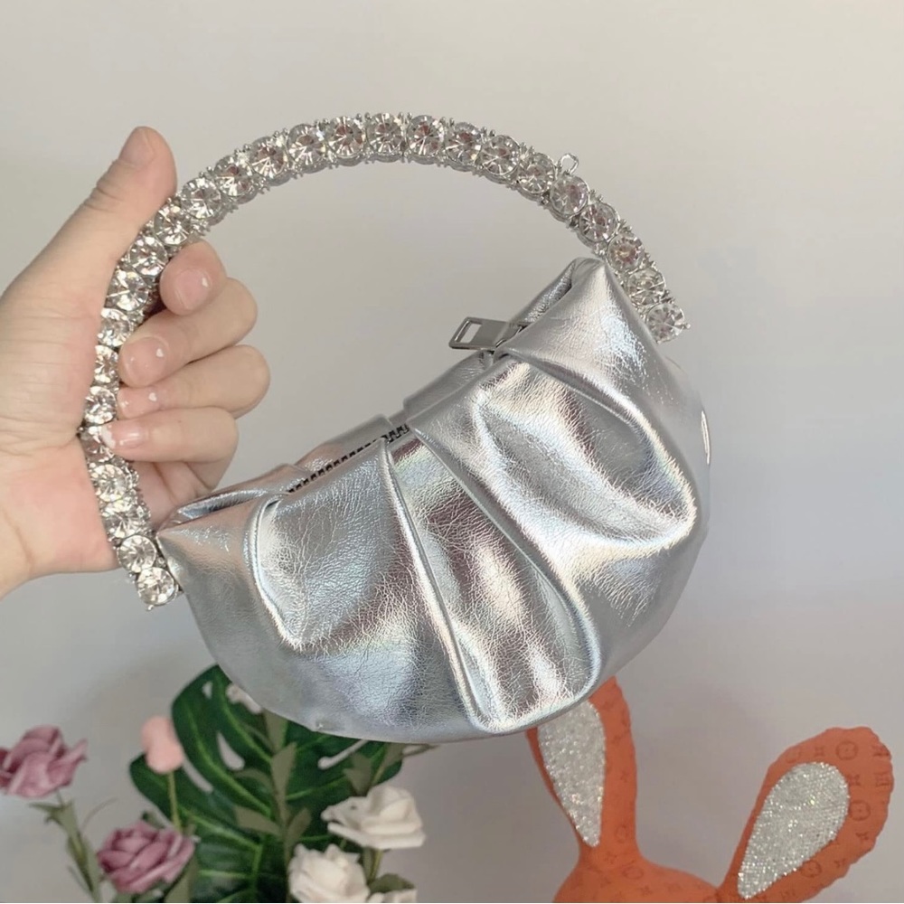 diamond round handle mini silver handbag